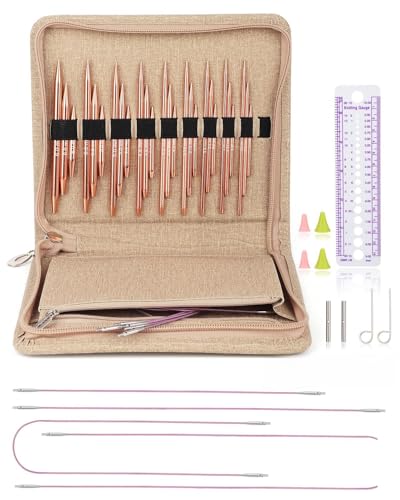Aeelike Interchangeable Knitting Needles Set for DIY Crafts, Rose Gold | Aluminum Interchangeable Knitting Needles with 4 Cables, Smooth Complete Needles Set for Socks Blankets Sweaters, Ideal Gift - color: Rose Gold