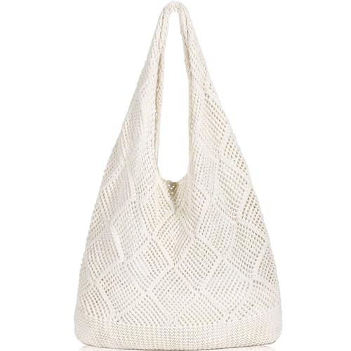 WantGor Crochet Bags, Beach Mesh Tote Bag Womens Shoulder Shopping Handbag | Casual Travel Totes Bag Foldable Hobo Bags - color: Beige Apricot
