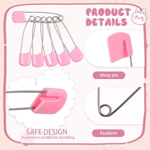 WILLBOND 100 Pcs Large Safety Pins for Clothes,with Bag, Pink | Plastic Head with Locking Closures, Heavy Duty Nappy Pins Hooks, 2.2 Inch Fasteners, Stainless Steel, Velvet Bag - color: Pink