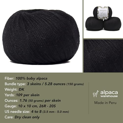 100% Baby Alpaca Yarn 3 Skeins 150g DK Weight Knitting Crochet Black | Made in Peru with natural warmth and softness featuring 327yd of premium fiber ideal for scarves shawls sweaters and more - color: Black, size: DK