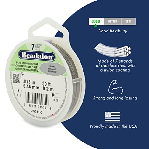 Beadalon 7-Strand Stainless Steel Beading Wire, .010 in / 0.25 mm - Bright | Nylon-Coated, Polished Finish, Tarnish-Resistant, 30 ft DIY Jewelry Making, & Everyday Bead Stringing Projects, Made in USA - color: Gold, style: .015 in / 0.38 mm , 30 ft / 9.2