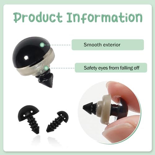 TOAOB 150pcs Safety Eyes for Amigurumis with Washers 6mm to 12mm Plastic Crochet Black Craft Eyes for Crocheting Animals Making