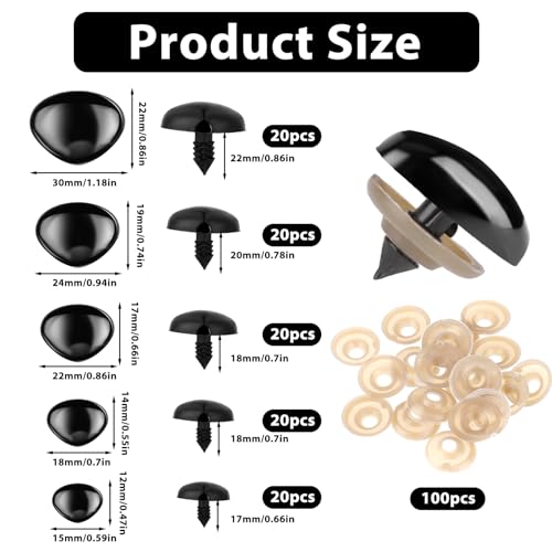 KALIONE 100 Pcs Large Safety Noses for Stuffed Animals, 15mm 18mm 22mm 24mm 30mm, Doll Noses with Washers Plastic Safety Noses for Crochet Animals Craft Puppet Plush Bear Accessories(Black)