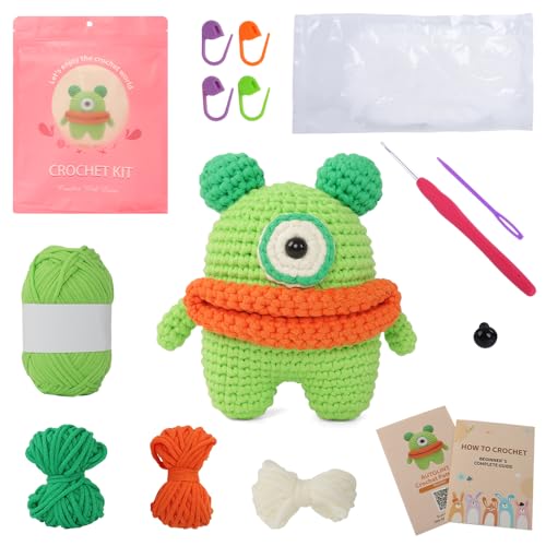 Autglint Monster Crochet Kit for Complete Beginners, Amigurumi Animal Starter Kit with Detailed Video Tutorials, Learn to Crochet Kit with Non-Split Pre-Started Yarn - Green Monster - style: Monster