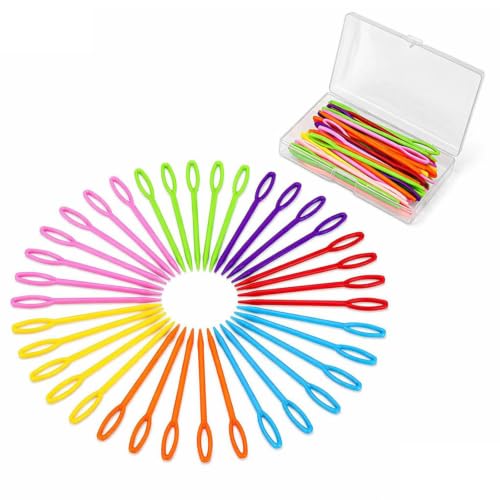 LUNARM 50PCS Plastic Needles for Yarn Large Eye Sewing Needles | 9cm/3.54inch Plastic Needles in Box for Crafts, Weaving Projects, Canvas Embroidery, Sturdy Easy Thread for Fine Motor Skills - size: 3.54 inches
