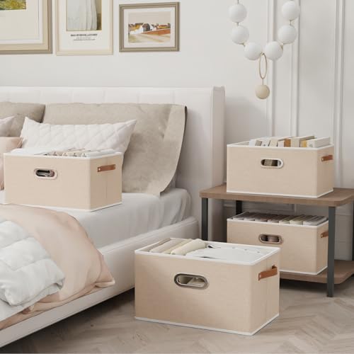 Yawinhe Foldable Storage Baskets for Shelves,16.9x11.8x10.2in,Beige,4-Pack | Collapsible Storage Bins for Towels, Container with Leather Handle for Organization, Fabric Rectangle Boxes for Home - color: Beige, size: 16.9x11.8x10.2inch(4-Pack)