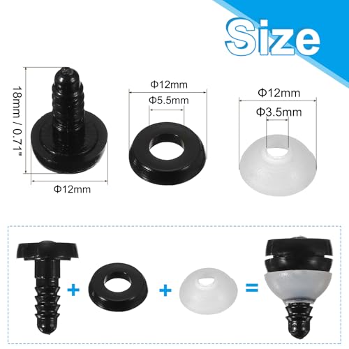 MECCANIXITY 10Set 12mm 1/2" Doll Joints, Plastic Removable Animal Joints Connector Engage Bolt Doll Making Supplies for Bear Limbs Head Joint DIY, Black & Clear