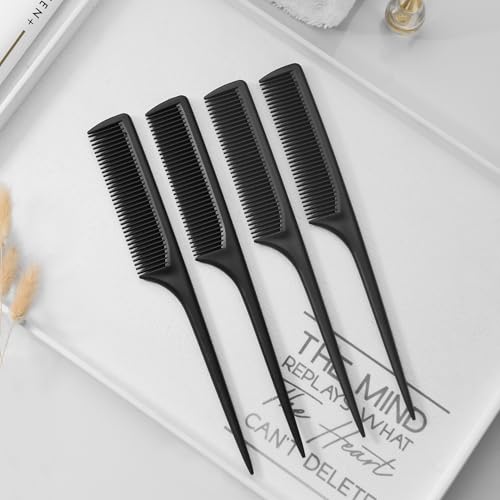 4 Pcs Rat Tail Comb Set for Women -Fine Tooth Styling comb with Pick, Anti-Static Heat Resistant Teasing Comb,Professional Hair Parting Tools for Smooth Detangling, Updos & Salon-Perfect Hairstyles. - color: Black