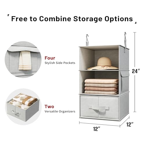 2 Pack 3-Shelf Hanging Closet Organizer with 2 Drawers, Silver Gray | Two Hanging Organizers with Fabric Drawers, Space-Saving Closet Storage for Clothes, Baby Items, Nursery and Dorm Rooms - color: Silver Gray, size: 3-Shelf Set of 2
