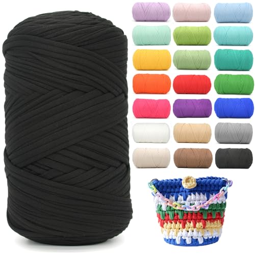 400g Tshirt Yarn for Crochet,Black T Shirt Soft Elastic Fabric Chunky Thick T-Shirt Crochet Yarn for Crocheting Knitting Beginner Hand Knitting for Bag/DIY Craft/Home Decor-Black - color: Black, size: 1 PACK