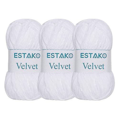 Estako Velvet Yarn for Crocheting, Chenille, 3 Pack, White | super bulky, ultra soft, plush, cozy, thick, fluffy, polyester, 300 g, 396 yds, amigurumi - color: 1110 - White, size: Pack of Three