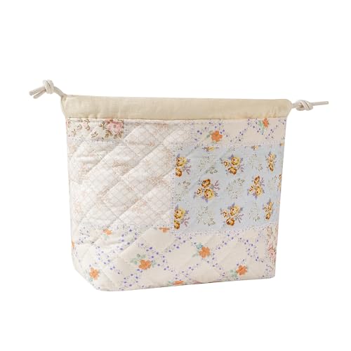 uekeboag Cotton Quilted Drawstring Makeup Bag（08Pink Flower） | Small ,Canvas Lining, Foldable Coquette Aesthetic Cute Travel Toiletry Bag,Drawstring Gift Bag for Women and Girls - color: 08Pink Flower