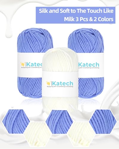 Katech Crochet Kit for Beginners w/Striped Tote Bag 3-1 Step-by-Step Guide | Tote Bag Crochets Kit clue Yarn Crochet Hooks for Adults Beginners Learn to Crocheting Crocheted Starter Kit Crocheter Gift - color: Blue White