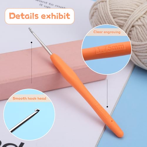 QMNNMA 1.75 mm Crochet Hook, Ergonomic Crochet Hooks, Crochet Needles | Ergonomic Crochet Hooks for Arthritic Hands, Crochet Needles for Yarn, Extra Long Knitting Needles for Beginners - size: 1.75mm
