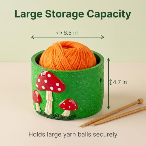 Green Resin Mushroom Yarn Bowl Holder with Dual Holes for Knitting Crochet | Green resin mushroom yarn storage bowl with side outlet holes to keep yarn smooth and tangle-free for knitting and crochet.