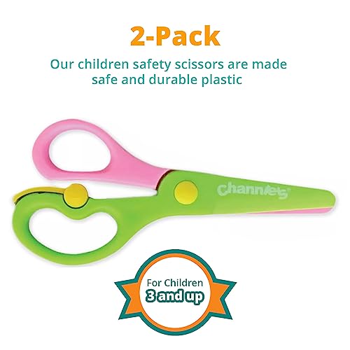 Channie's Safety Scissors for Small Hands (Ages 3-5) - Kid-Safe Plastic Training Scissors for Preschoolers, Child Hand-Eye Coordination Development, Kids Scissors, Toddler Safety Scissors (2 pack)