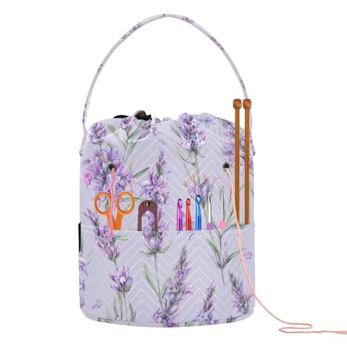 Fustylead Watercolor Vintage Lavender Flowers Knitting Crochet Bag, Portable Large Yarn Storage Drawstring Basket Organizer for Crocheting Hooks, Project, Store Skein Ball, Short Knitting Needle - color: Purple02 Lavender