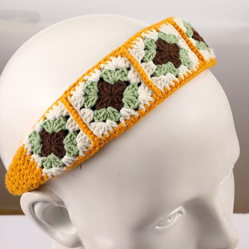 Crochet Headband for Women, Handmade Sunflower & Checkered Hair Accessories, Stretchable Boho Hair Band (Coffee-Yellow, Checkered) - color: Coffee-Yellow