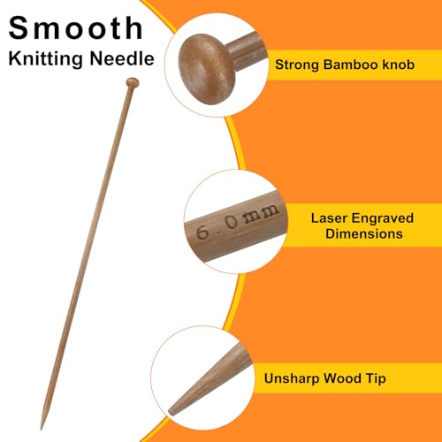 HARFINGTON 6mm Bamboo Knitting Needle Straight Single Pointed 13.8 Inch Long Wooden Sweater Knitting Needles US Size 10 for Yarn Beginners Hand Sock DIY - size: 6mm US Size 10