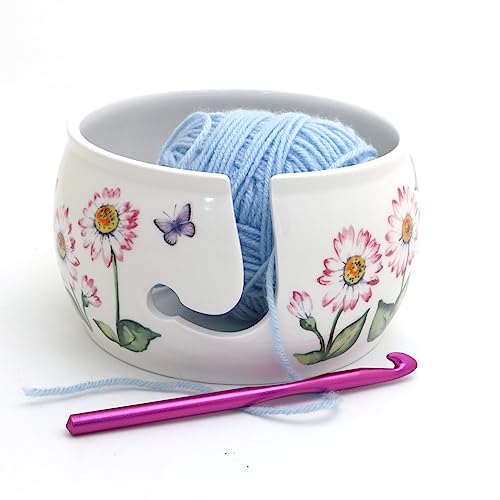 Daisy Ceramic yarn bowl, pink daisies LennyMud by Lorrie Veasey
