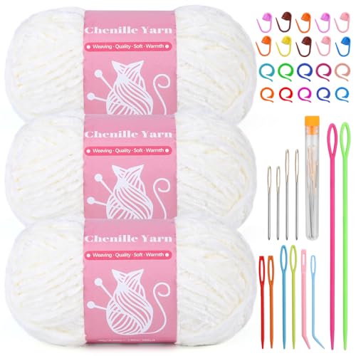LUNARM Chenille Yarn for Crochet Knitting Chunky Blanket Velvet Yarn | 3 Pack 3.5oz/100g 486 Yard Milky White Chenille Yarn for Beginners Knitting Scarves with Big Eye Needles Machine Washable - color: Milky White