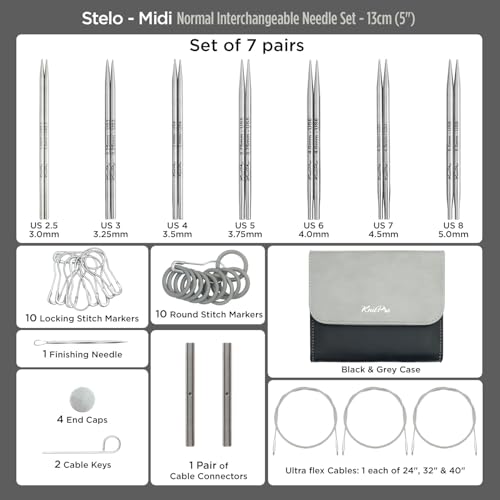 KnitPro Stelo Midi Normal Interchangeable Needle Set 5" (13cm) | 7 US Sizes (2.5 to 8) - size: Midi