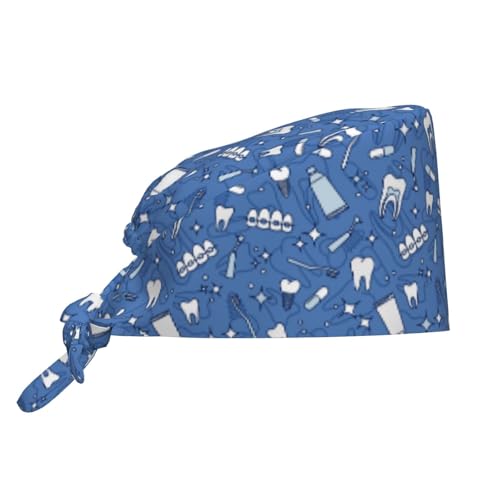 MOLIAN Dental Tooth Adjustable Working Cap Surgical Headgear for Women Men | Adjustable Tie Back Scrub Caps with Button Built-in Sweatband Working Cap for Nurses Doctors and Workers - color: Dental Orthodontics