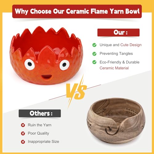 Katech Flame Yarn Bowl for Crocheting-Cute Handmade Ceramic Yarn Bowls | Crochet Bowls Knitting Bowls-Ideal & Unique Crochet Gifts for Crocheters Knitter - color: Red