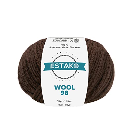 Estako Wool 98 100% Soft Superwash Merino Wool Worsted Weight Yarn, Brown | 1.76 oz, 98 yds, cyc 4 medium, aran, machine washable, 5 mm needles, 6 mm hook, 20 sts gauge, crocheting, sweaters - color: 6362 - Brown, size: 1 Skein