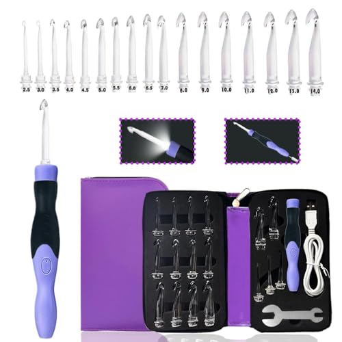 Yarniss 17 Size Lighted Crochet Hooks 2.5mm~14mm,Rechargeable Crochet Hooks | Glow In Dark Better for Night Crocheting,Light Up Crochet Hook with USB Cable - color: Purple-17 Size with Light