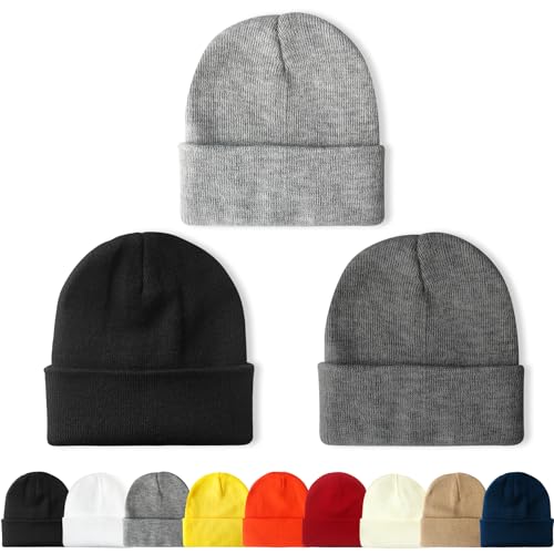 NPQQUAN 3 Packs Unisex Beanie Hats for Men Women Winter Knit Beanies | Mens and Womens,Great Stretch Knit,Thick Warm Comfort Beanies,Outdoor Sports including Skiing Running Camping - color: Black+darkgray+lightgrey