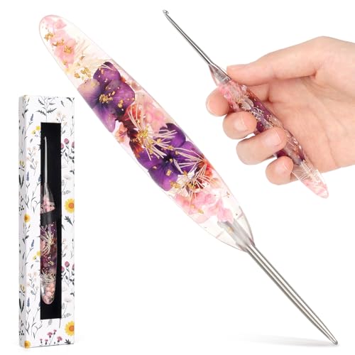 Katech 2.5mm Crochet Hook for Arthritic Hands,Hand-Polished Stainless Steel | Ergonomic Crochet Hooks with Customized Sparkle Dried Floral Grip, Smooth Tapered Hook-Crochet Gift for Beginner & Crocheter - size: 2.5mm