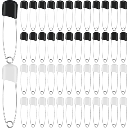 WILLBOND 100 Pcs Large Safety Pins for Clothes,with Bag, Black and White | Plastic Head with Locking Closures, Heavy Duty Nappy Pins Hooks, 2.2 Inch Fasteners, Stainless Steel, Velvet Bag - color: Black and White