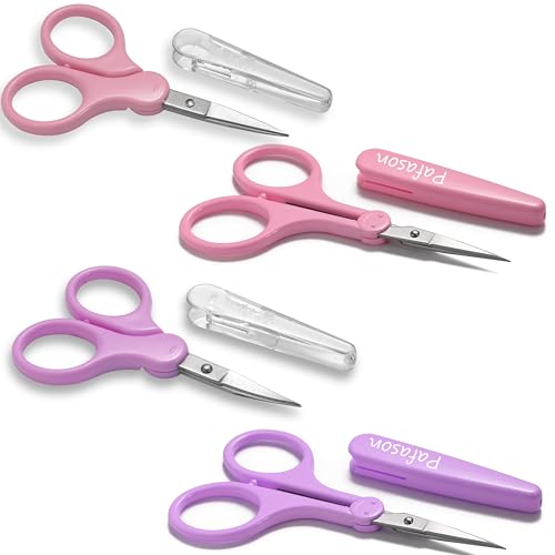 PAFASON Small Travel Sewing Crafting Scissors Set Straight Curved Tip | Stainless Steel for Quilting DIY Knitting Embroidery Cross Stitch Crochet Thread Yarn Paper Detail Cutting Safety Case - color: Straight 4in + Curved 3.5in Red