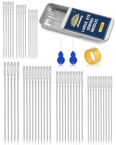 50 Pcs Large Eye Sewing Needles, 7 Size Embroidery Needles for Handsewing | Leather Sewing Thread Sharp Needle, Stainless Steel Yarn Knitting Needle with Threader, Thimble for Repair, Quilting - size: 7 Size-50pcs