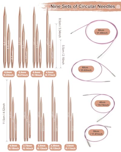 Aeelike Interchangeable Knitting Needles Set for DIY Crafts, Rose Gold | Aluminum Interchangeable Knitting Needles with 4 Cables, Smooth Complete Needles Set for Socks Blankets Sweaters, Ideal Gift - color: Rose Gold