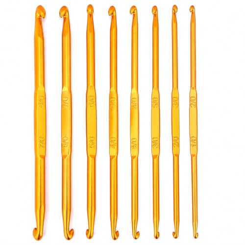 Aluminum Double End Crochet Hook Set, 8 Sizes 1.0-8.0mm Ergonomic Knitting Needles Kit with Soft Grip Handle, Smooth Glide Weave Craft Crochet Hooks for Beginners and Experienced Crocheters