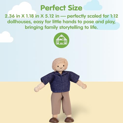 PlanToys® Mother Dollhouse Figurine Wooden Poseable 1:12 Scale 5-Inch Doll | mom character, doll house people accessories, bendable arms, girls pretend play, montessori storytelling role gift ages 3+ - color: Caucasian Dad