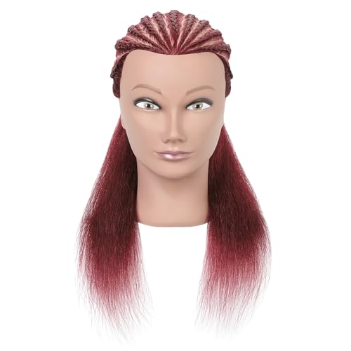 100% Real Human Hair Mannequin Head with Stand Manikin Cosmetology Doll Training Head for Hairdresser Practice Braiding Styling Curling Cutting Display - color: Winered