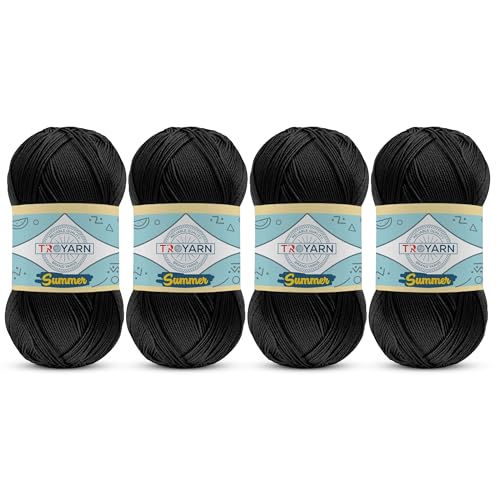 TROYARN Summer (4- Skeins Pack) Silk Effect Hand Knitting Yarn Crochet Art Lace Craft 100% Microfiber Acrylic 4x100 gr (4x383 yds) (105060 - Black) - color: 105060 - Black, size: 4 Skein