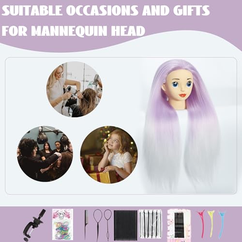 Mannequin Head with Hair 24" Cosmetology Manikin Doll Head for Styling Hairdresser Practice Braiding Training Head Practice Cosmetology with Free Clamp Holder Cute Face Big Eyes (Ombre Purple) - color: Ombre Purple