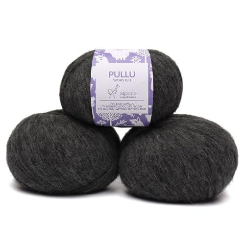 Baby Alpaca Merino Yarn 3 Skeins 150g Worsted Weight Knitting Gray | Pullu baby alpaca merino blend made in Peru 3 skeins 150g 426yd total for knitting and crochet sweaters scarves and hats - color: Gray