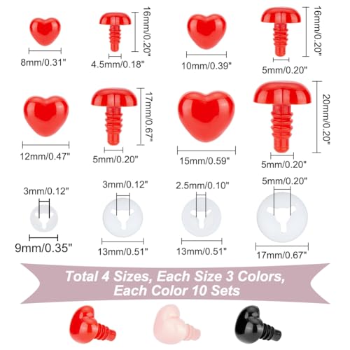 AHANDMAKER 120Pcs Heart Safety Noses Crochet Stuffed Animals Nose Crochet Noses with Washers Animal Crochet Noses 7mm to 20mm for Puppet Plush Craft Accessories