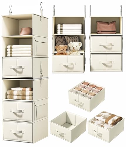6-Shelf Hanging Closet Organizer with 3 Drawers, 2-in-1 Design, Beige | Converts into Two 3-Shelf Organizers, Foldable Drawers, Side Pockets, Ideal for Wardrobe, Nursery, Dorm & Closet Storage - color: Beige, size: 6-Shelf Separable