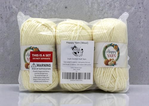 Sunny Cat Happy Yarn 50% Wool Yarn for Knitting & Crochet 3 x 3.5oz/100g, #5 Bulky Weight 3 x 120 Yards Soft Yarn for Sweaters Hats & Scarves Made in Turkey (Buttercream 70299) - color: Buttercream 70299