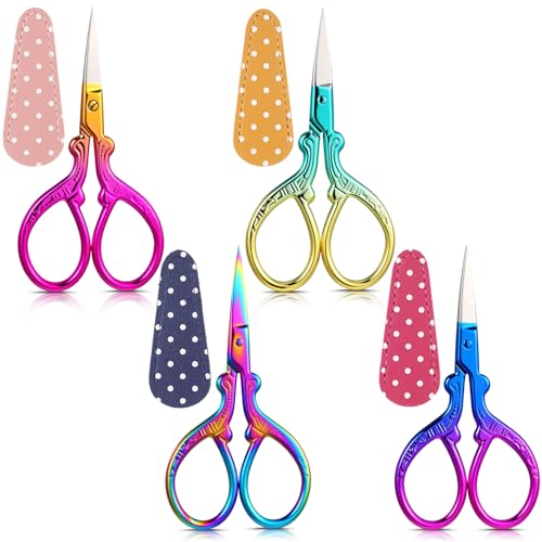 Honoson 4 Pcs Small Embroidery Scissors, 3.6", Simple, Chic Colors | Sewing Scissors with Leather Cover, Sharp Tip for Needlework Cross Stitch Crochet Knitting Craft, Stainless Steel Stork Shear - color: Chic Colors