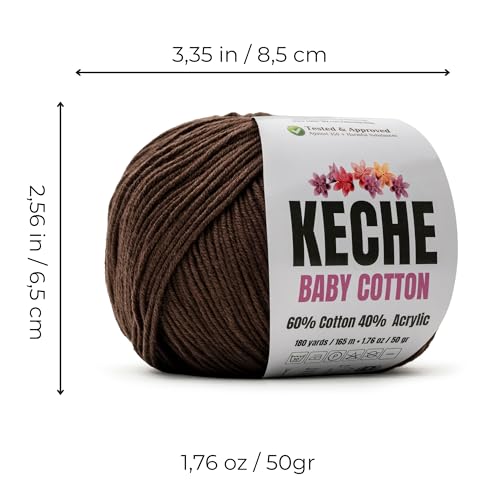 Keche Baby Cotton, 60% Cotton 40% Acrylic Yarn, Soft Cotton Yarn for Crochet and Knitting, Amigurumi Yarn 1 Skein/Ball 1.76 Oz (50g) / 180 Yrds (165m) - Brown - color: BROWN, size: 1 SKEIN