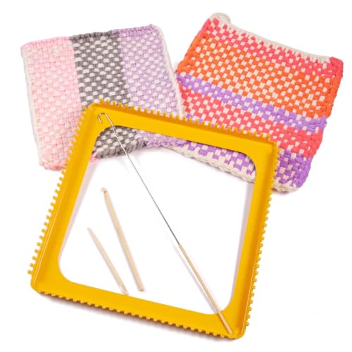 ULIONTAC Solid Metal Square Weaving Loom Tool Potholder Set (10inch,Yellow) | Crochet Knitting Sewing DIY Set Craft Elastic Hoop and Yarn Weave Plate Beginner-Friendly - color: 10inch, Yellow