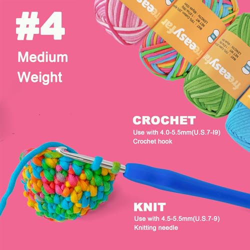 4x50g Beginner Crochet Yarn for Crocheting and Knitting; Beginner Easy Yarn kit with Tool Set (Rainbow+Strawberry+Lawngreen+Aqua, 4 Skein) - color: Rainbow+Strawberry+Lawngreen+Aqua