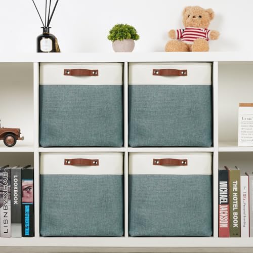 DULLEMELO Storage Bins, 4 Pack Of 13x13x13 Decorative Storage Cube Bins Suit Office, Home, Shelves And Closet, Stackale Gift Baskets Empty with Leather handle (White&Deep Green) - color: White&Dark Green, size: L-13"x 13"x 13"
